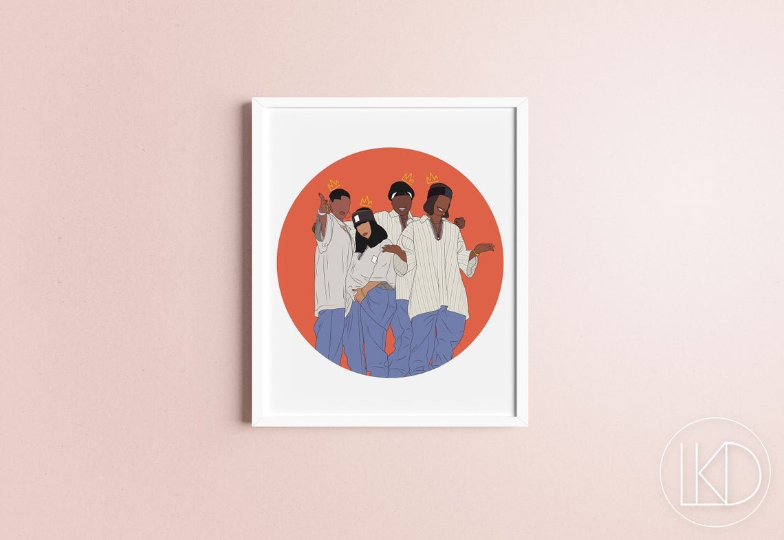 art print of xscape group members illustrated in front of a red circle