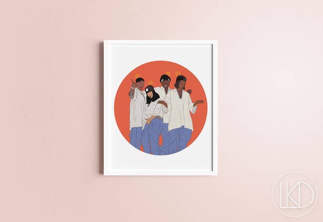 art print of xscape group members illustrated in front of a red circle 