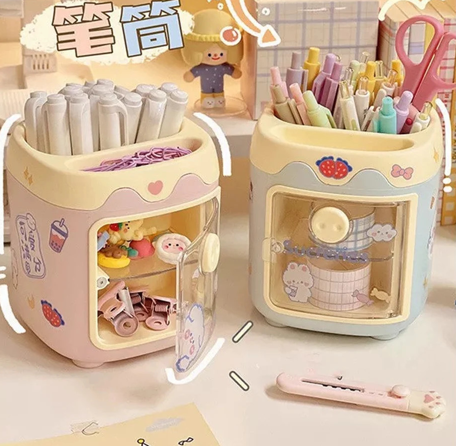 two stationery holders in pink and blue