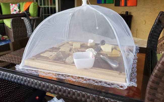 A white see-through lacy tent covering a charcuterie board on a porch 