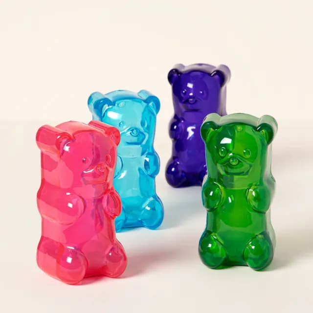 four gummy bear lights in pink, blue, purple, and green