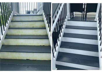 reviewer before photo of deck stairs covered in green stains with mold and after using the cleaner looking white and clean again
