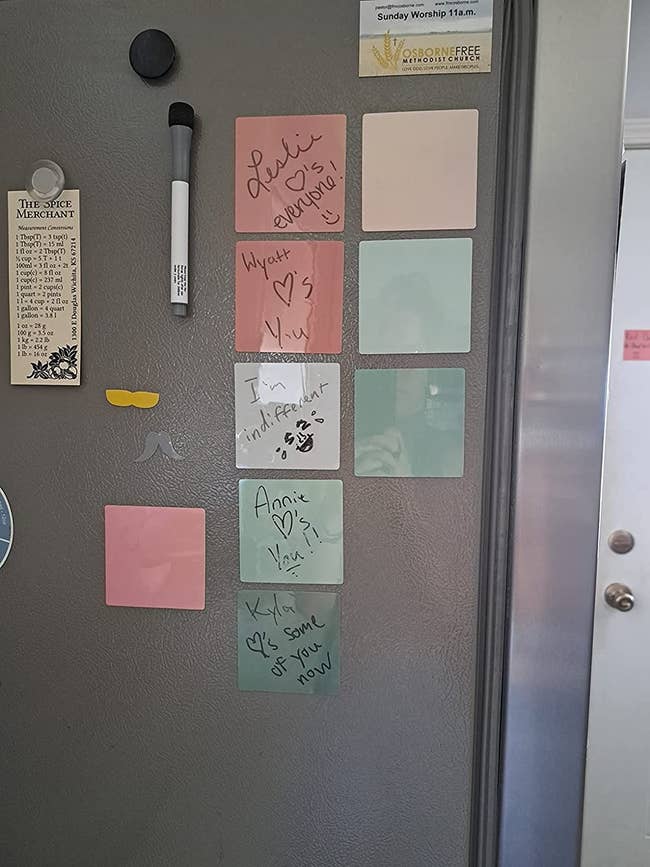 A reviewer's fridge with the reusable sticky notes attached to the door
