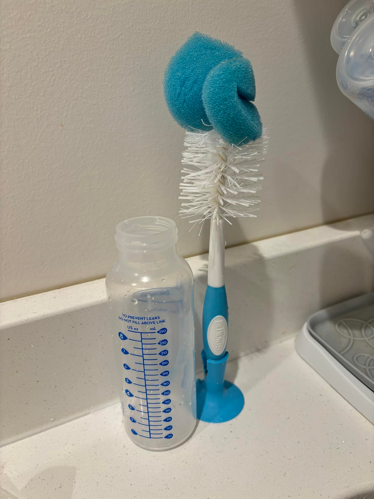 Baby vessel  and cleaning brushwood  with a sponge extremity   connected  a countertop