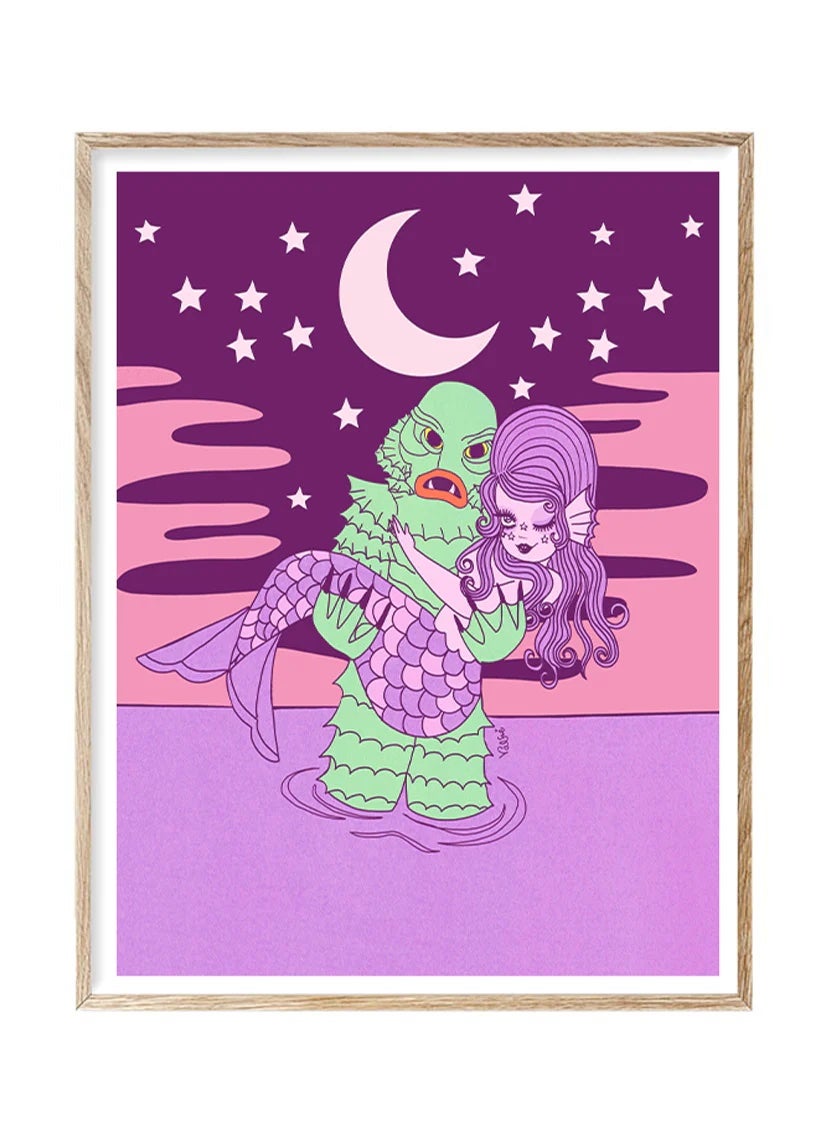 print of lagoon monster carrying a mermaid