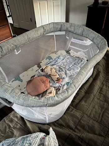 editor's baby in a halo bassinet