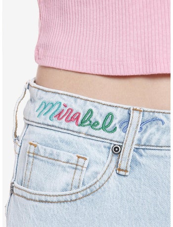 a close up on the hip of the encanto jeans that shows 