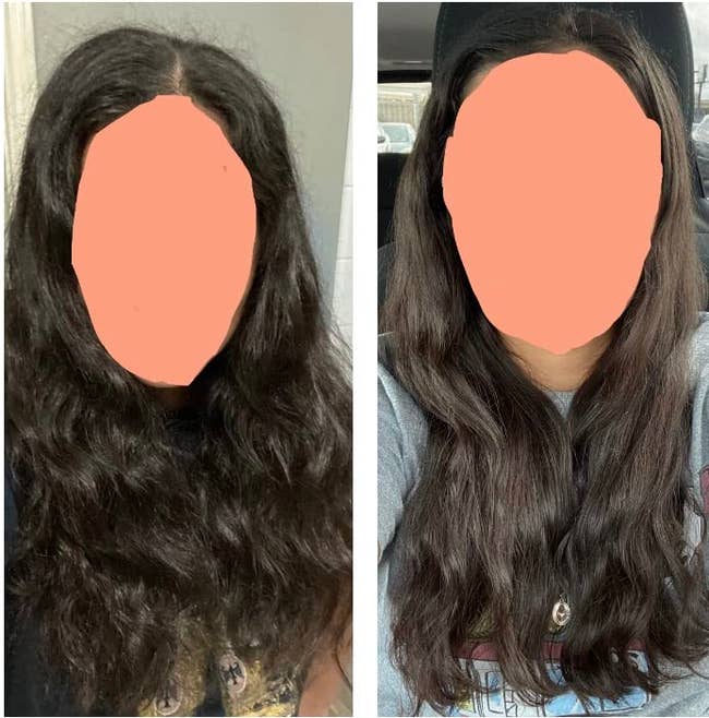 reviewer with dry and unruly hair and then smoother hair with hair mask