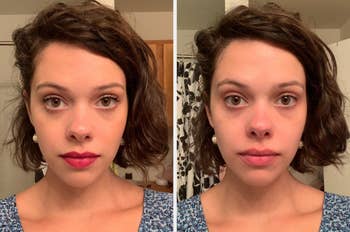 Split image of a person’s face before and after makeup removal