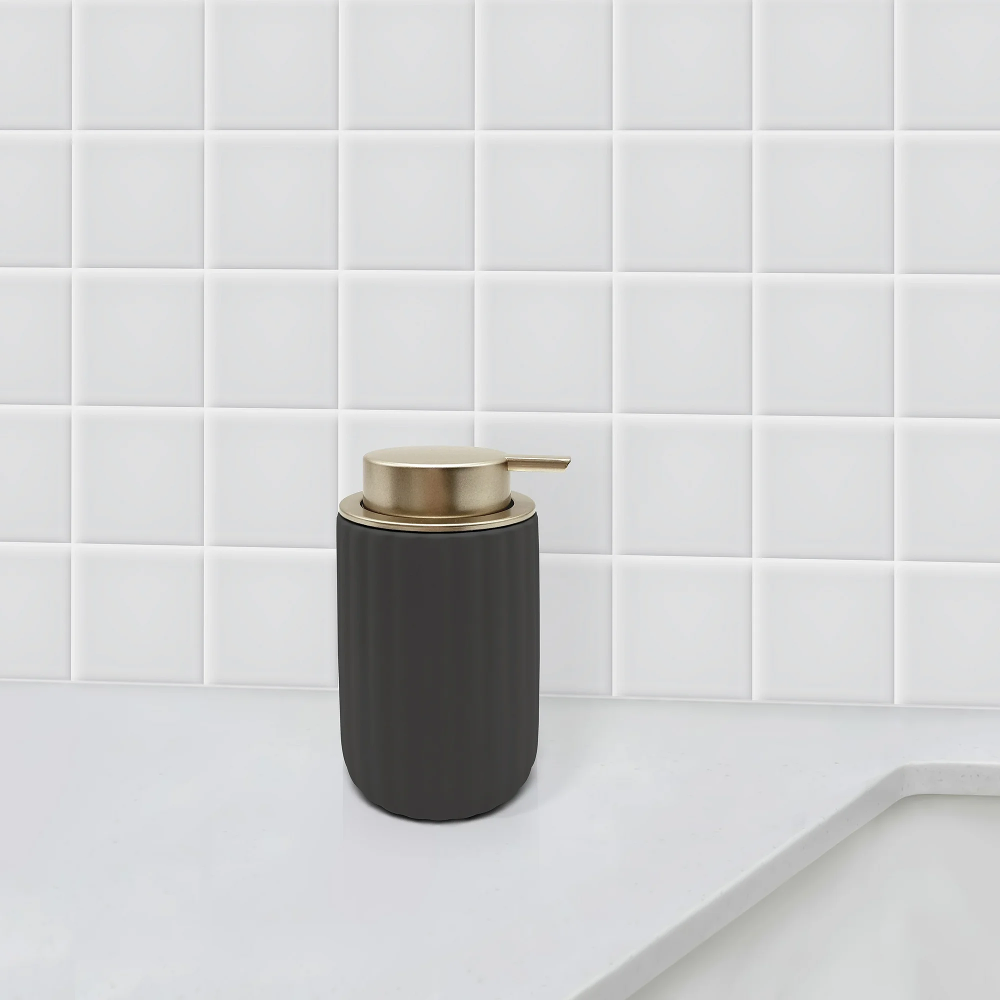Soap dispenser with a matte decorativeness  and metallic pump, acceptable   against a tiled bath  background