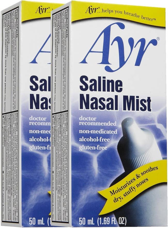 Two packages of Ayr Saline Nasal Mist, for moistening dry nasal passages