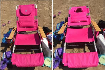 The pink chair upright on a beach, then pulled down with the face cavity open 