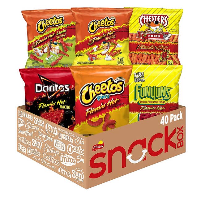 box of small bags of Flamin Hot snacks