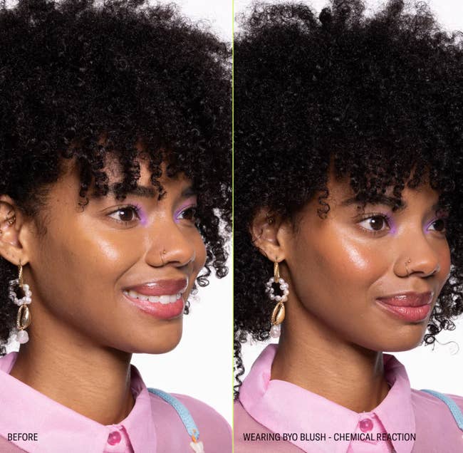 model before and after wearing pink blush
