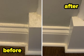 a before and after of a reviewer's once dusty baseboards