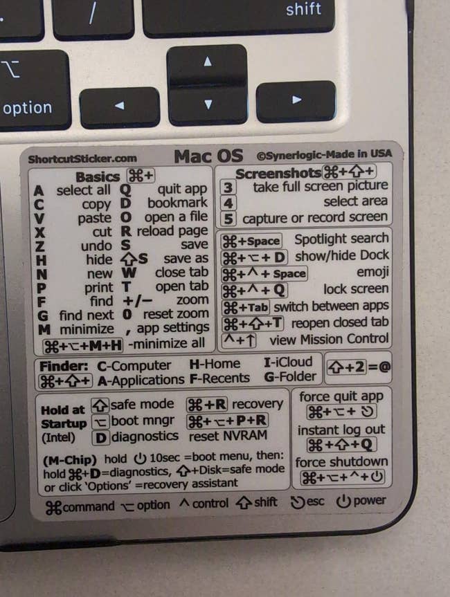 A closeup photo of the Mac keyboard shortcut sticker