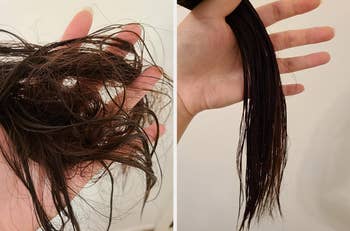 a reviewer's hair all tangled before and smooth after