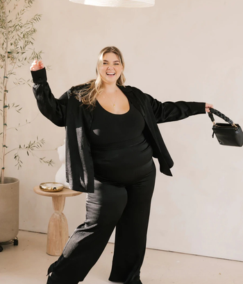 model wearing the black pants