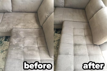 A reviewer's before and after photo of their couch which was once stained and splotched and is now free of marks after using the machine