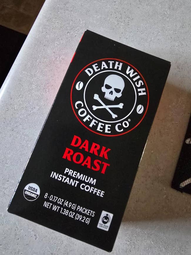 Box of Death Wish Coffee Co. Dark Roast instant coffee, USDA organic, 8 packets, 1.38 oz full nett weight