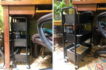 side by side of a reviewer's black cart under their desk then pulled out from under their desk