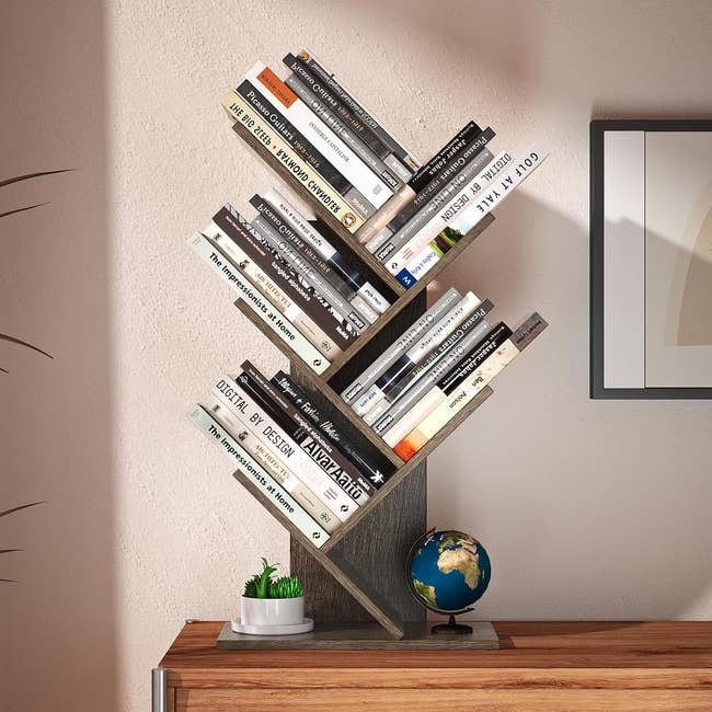 Zigzag shelf on wall with assorted books, small globe, and potted plant