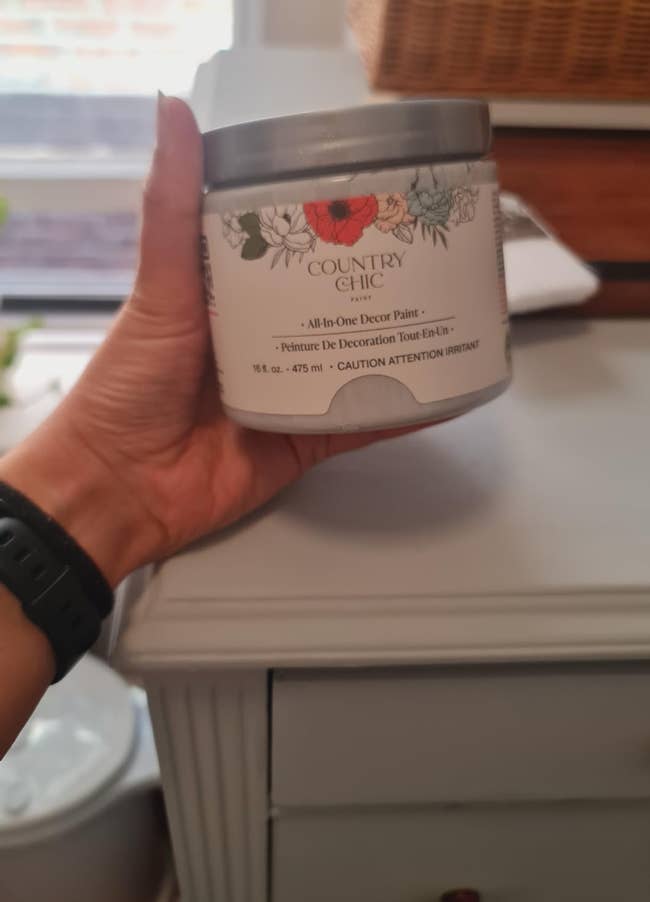 Person holding a jar of Country Chic all-in-one decor paint, labeled with decorative floral designs, successful a location setting
