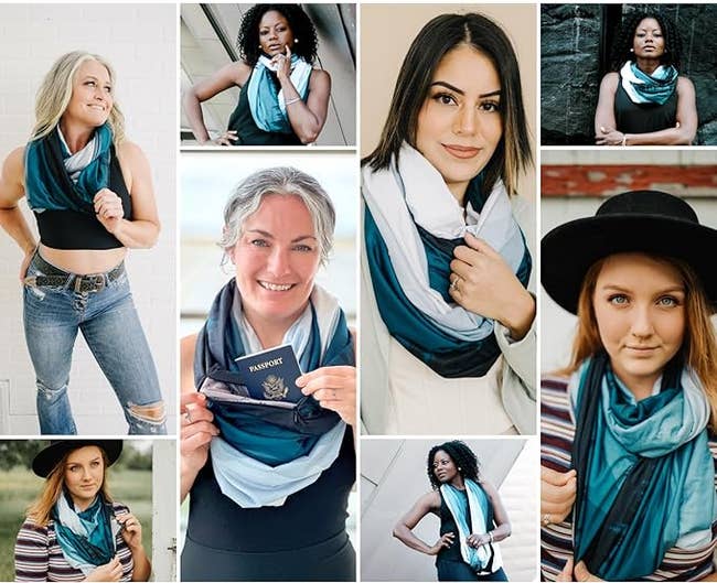 Collage of diverse women wearing a multi-way travel scarf in various styles, promoting versatile fashion and convenience for travel
