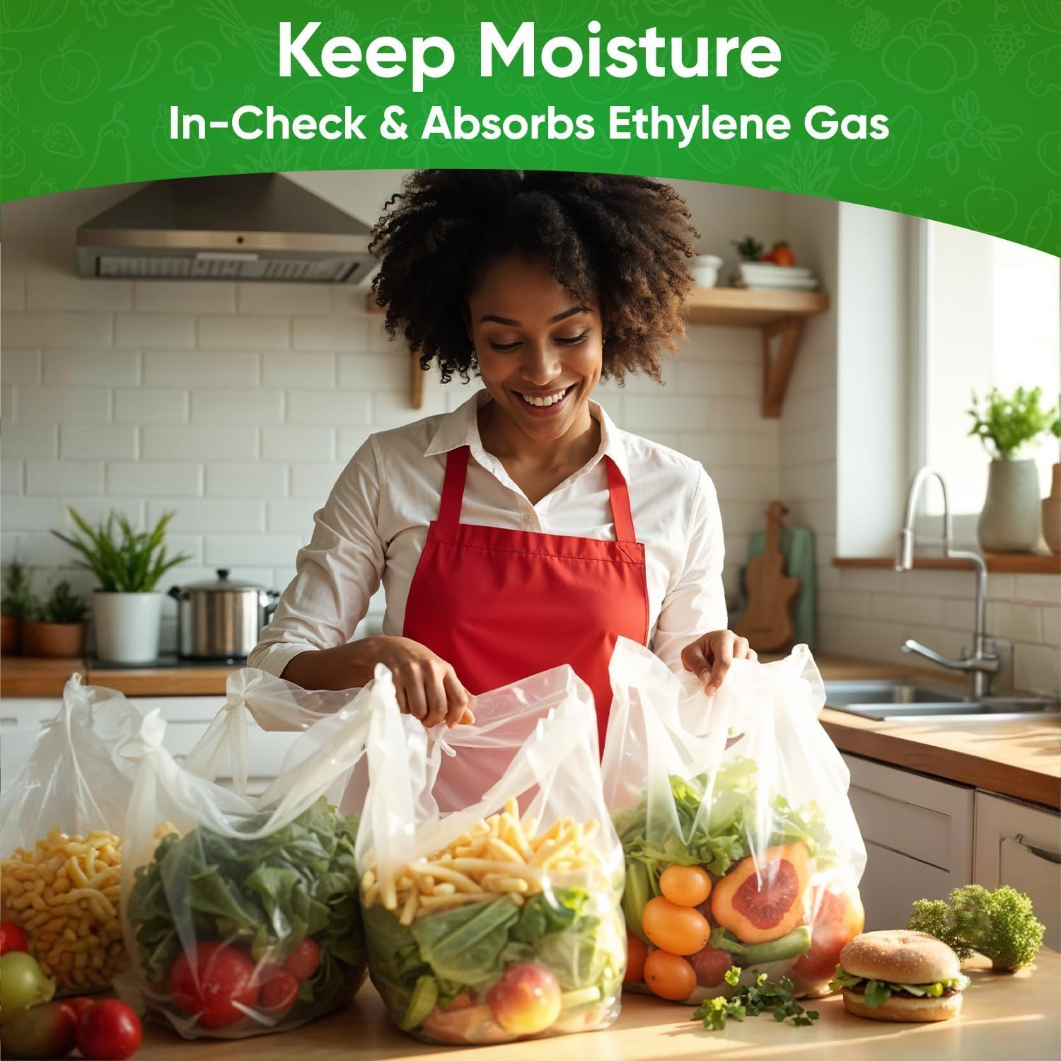 Woman successful  a room  with reusable nutrient   bags filled with vegetables and fruit, promoting moisture power  and ethylene state  absorption