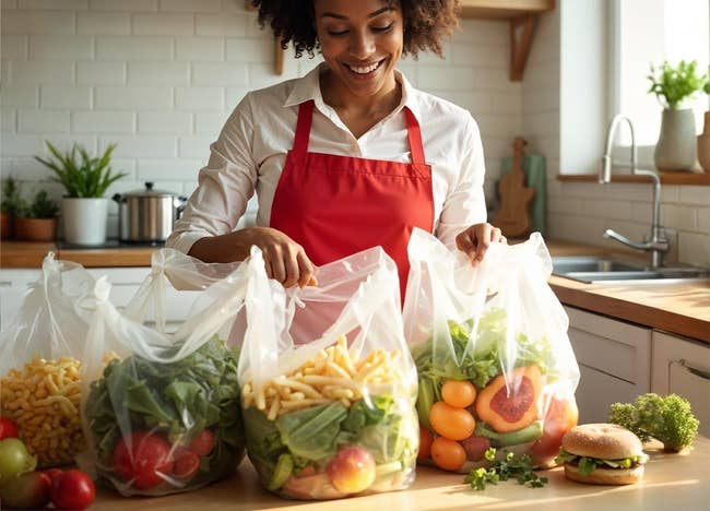 Woman successful a room with reusable nutrient bags filled with vegetables and fruit, promoting moisture power and ethylene state absorption