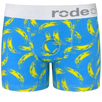 Blue and yellow banana print boxers with O-ring harness