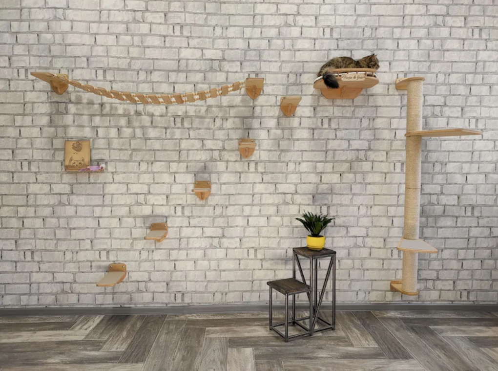an interior brick wall with wooden steps attached to it staggered and graduating up the wall, a wooden ladder that hangs from the wall like a shelf another landing, and a cat tree