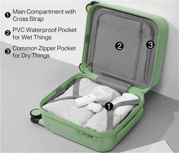 Open suitcase displaying organized compartments and skin-friendly lining, suitable for shopping references
