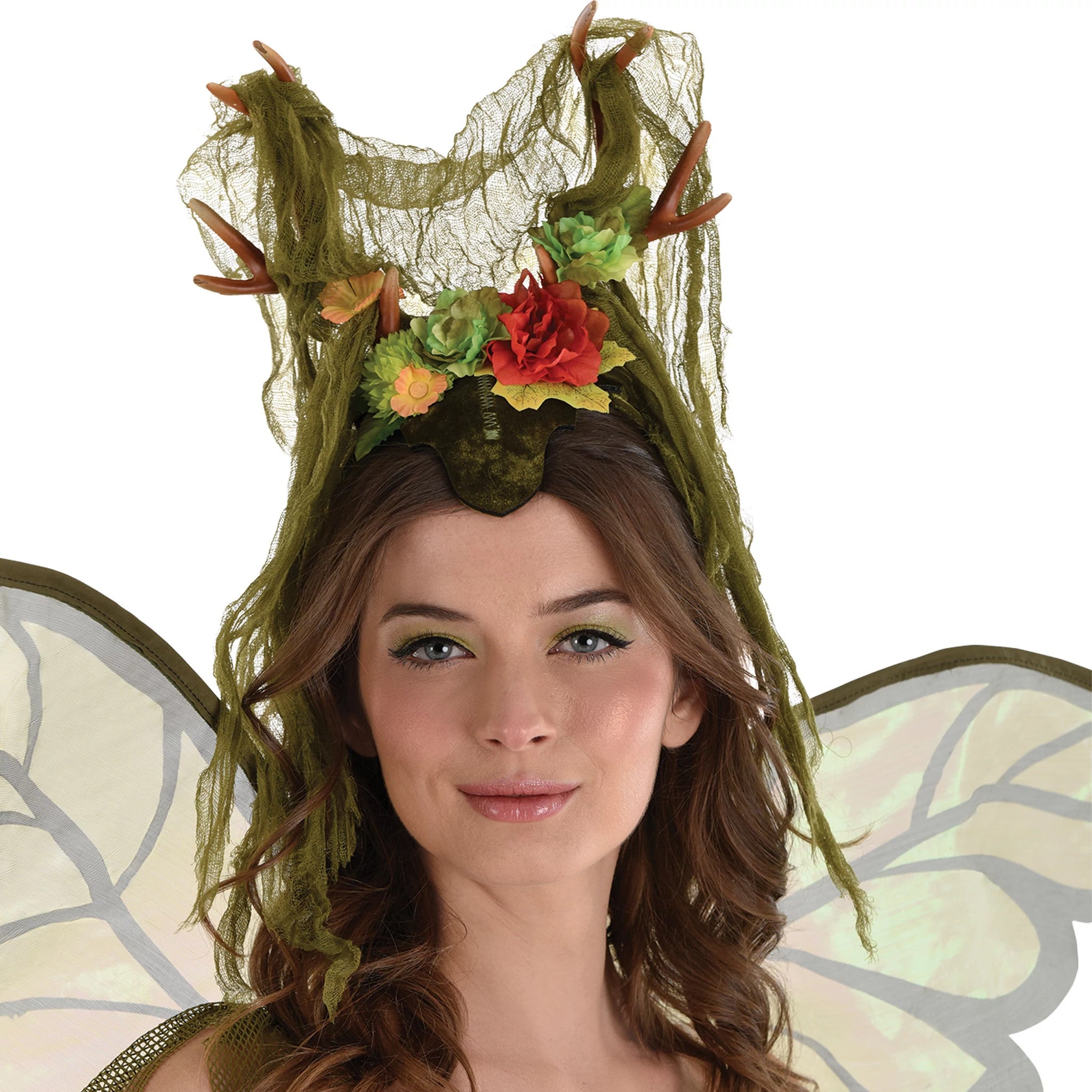 A woodland headpiece with flowers and vines