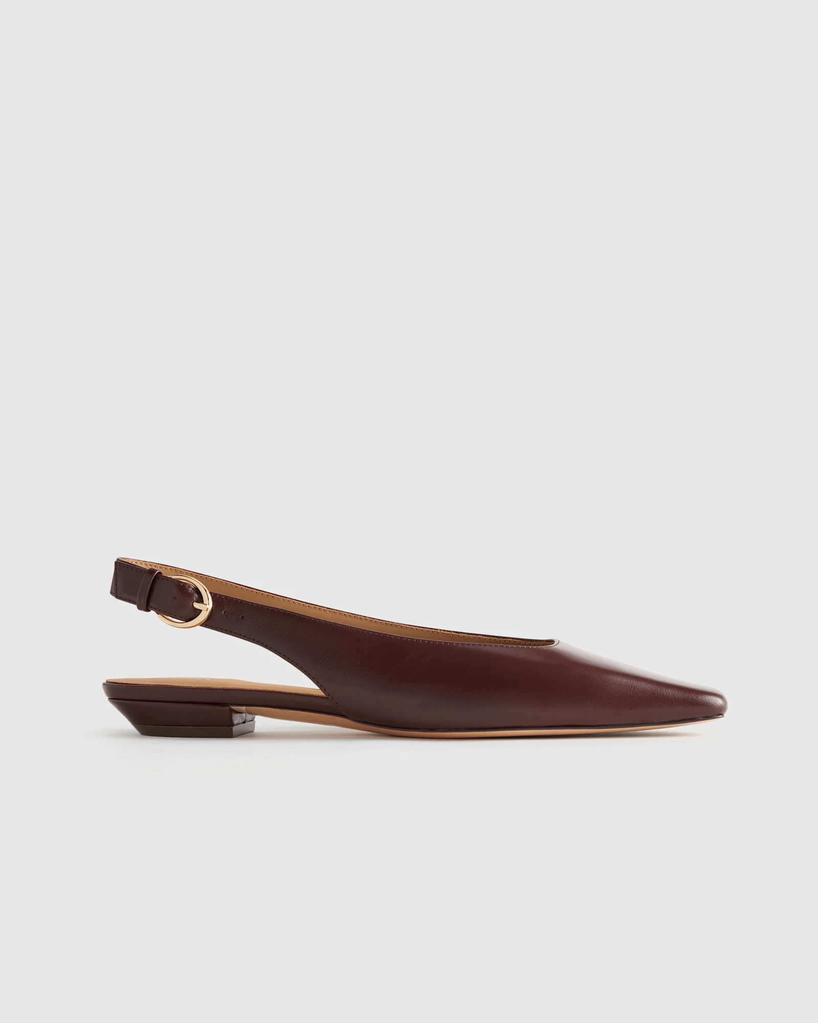 Brown leather slingback level  footwear  with a pointed toed  and adjustable ankle strap