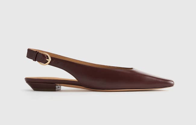 Brown leather slingback level footwear with a pointed toed and adjustable ankle strap