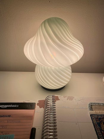 reviewer's wavy table lamp illuminated, on a desk next to stationery items