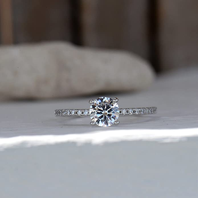 Round moissanite ring vintage moissanite engagement ring 14k white gol –  WILLWORK JEWELRY