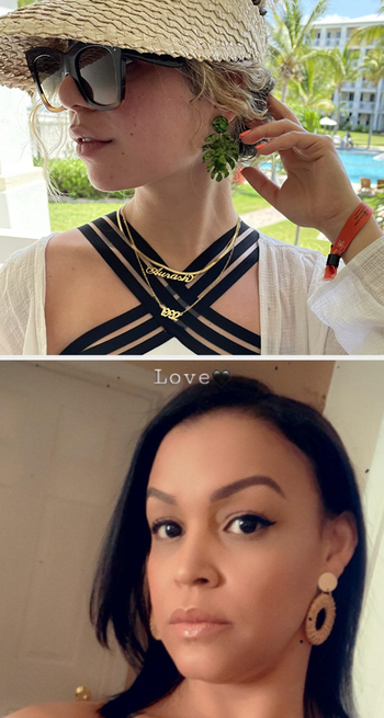 one reviewer wearing the green leaf earrings and another wearing the round woven earrings