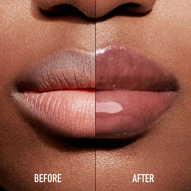 Models lips before and after using lip oil