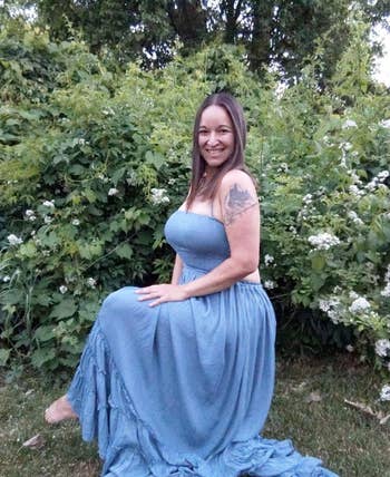 reviewer wears same style dress in a gorgeous blue color