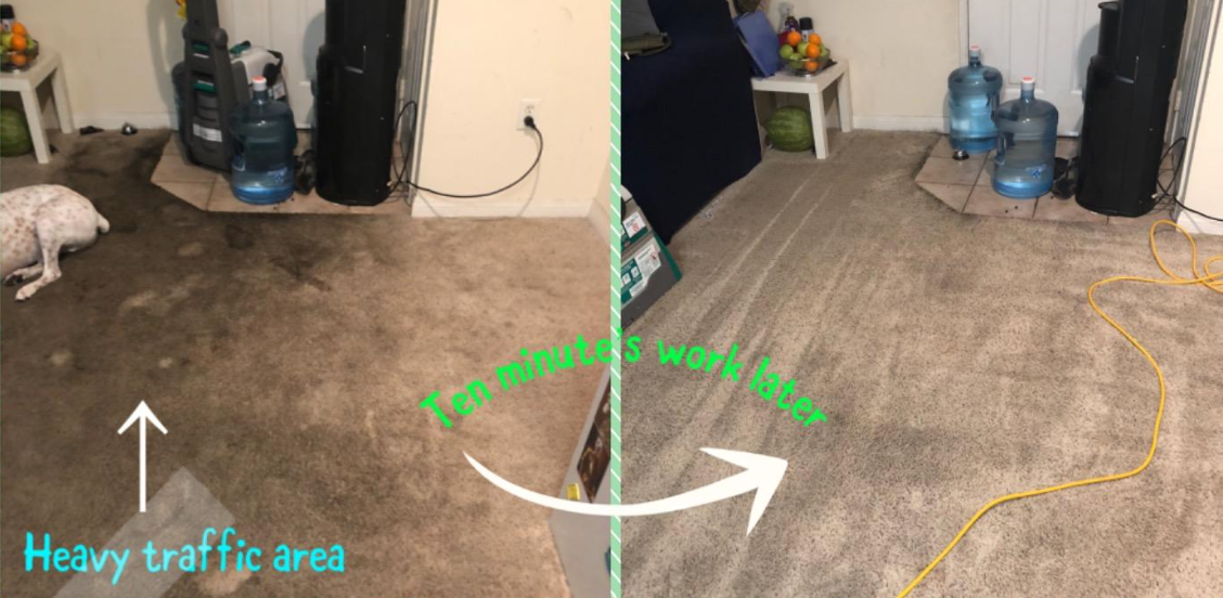 on the left a reviewer's dirty carpet with words 