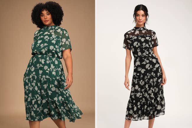 side-by-side of a model wearing a short-sleeved, mock-necked, green floral midi dress and a model wearing the same dress in black