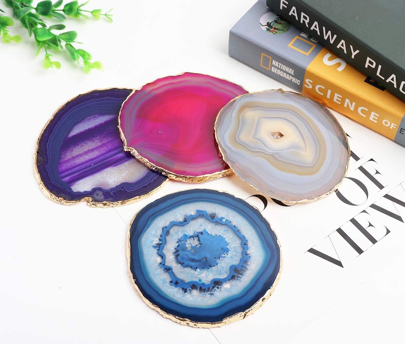 purple, pink, blue, and tan coasters