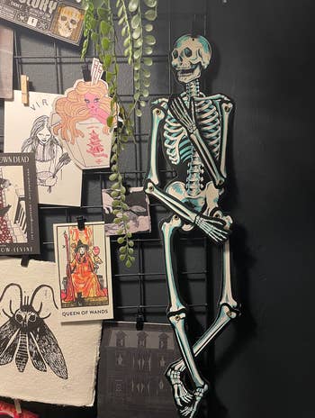 my office wall with skeleton hung up on a grid beside other paper oddities 