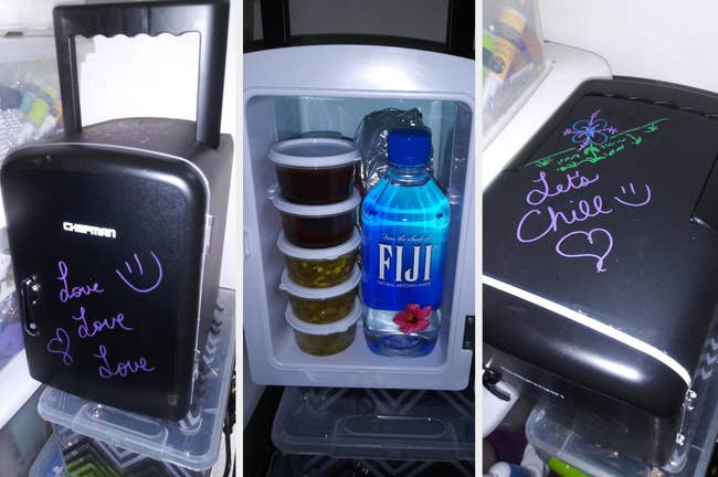 Reviewer image of exterior of black mini fridge with blackboard material and handle, interior of product with food and water bottle, and top of product with chalk 