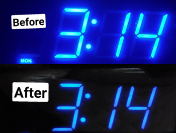 Split of a reviewer's alarm clock, top labeled 