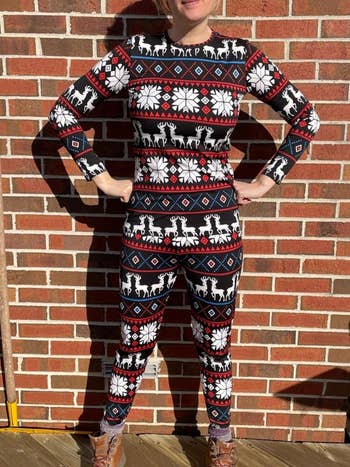 A reviewer in the fair isle print with reindeer