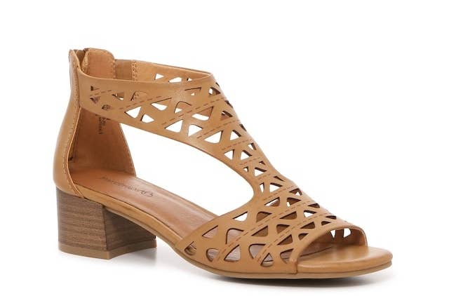 a cutout block heel sandal in light brown