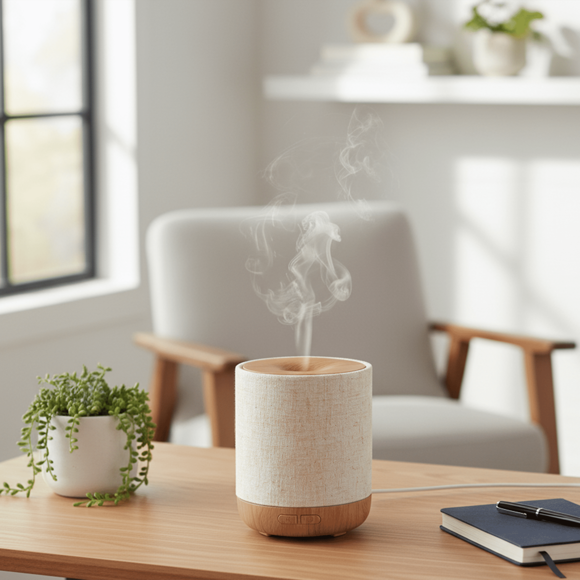 A modern   diffuser emits steam connected  a woody  desk, with a plant, book, and seat  successful  the background, suggesting a serene location  setting